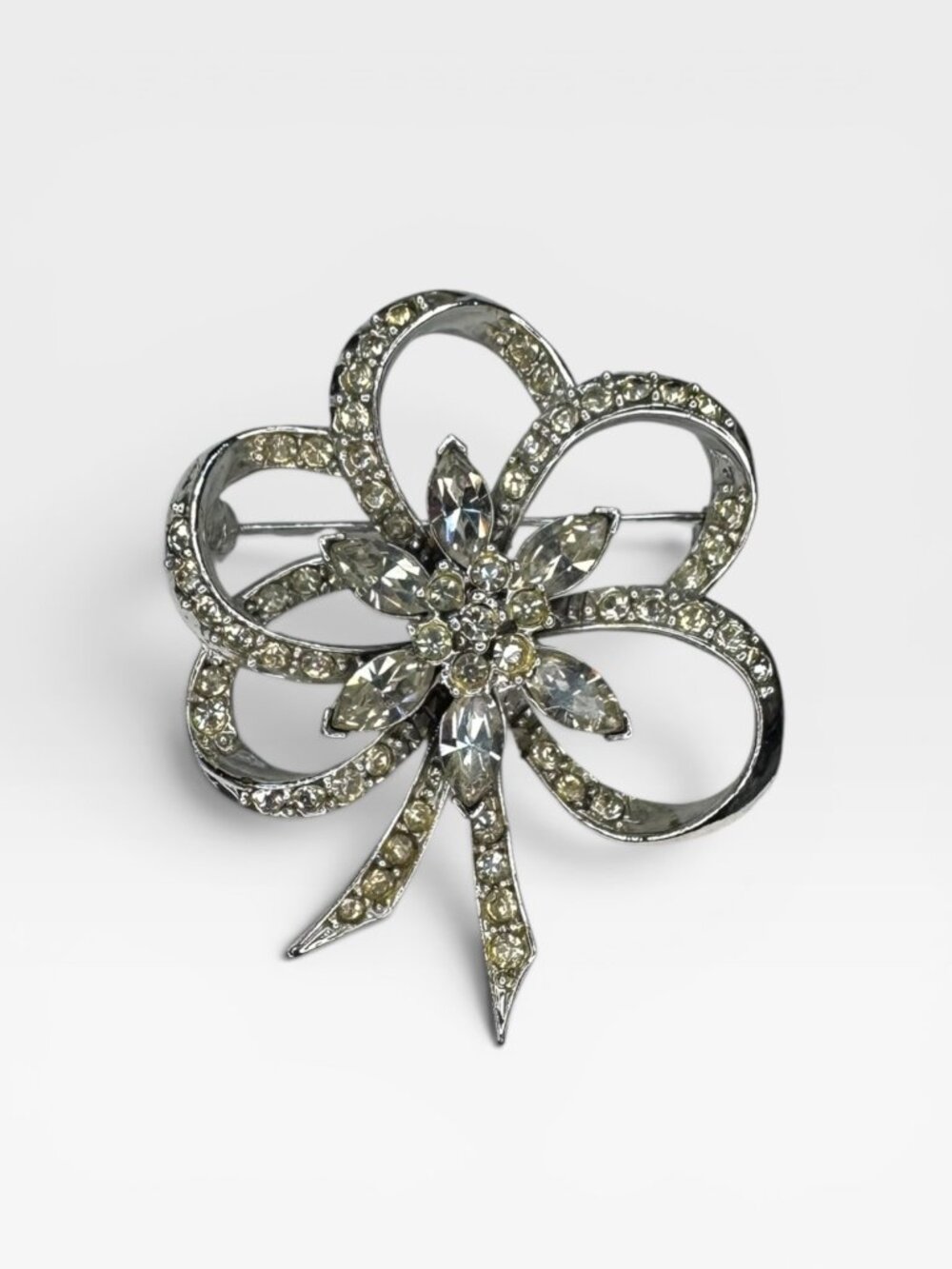 Pell Crystal Bow Brooch Silver Tone Pave Ribbon Pin Signed Vintage